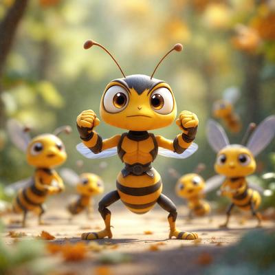 The primary subject of the image is a cartoon bee with a muscular build, posing in a forest setting. The bee is surrounded by a group of smaller bees, creating a lively and playful atmosphere. The visual style of the image is a combination of digital art and illustration, with the bee and its surroundings depicted in vibrant colors. The overall mood of the image is light-hearted and fun, with the bee's muscular pose and the presence of the smaller